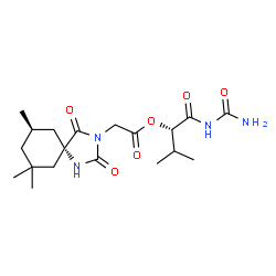 ChemSpider 2D Image | (2S)-1-(Carbamoylamino)-3-methyl-1-oxo-2-butanyl [(5S,9R)-7,7,9-trimethyl-2,4-dioxo-1,3-diazaspiro[4.5]dec-3-yl]acetate | C19H30N4O6