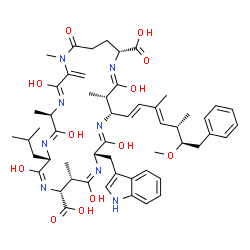 ChemSpider 2D Image | (3Z,5R,6Z,8S,9E,11R,12S,13E,15S,16Z,18S,19S,20Z,22R)-3,6,9,13,16,20-Hexahydroxy-15-(1H-indol-3-ylmethyl)-8-isobutyl-18-[(1E,3E,5S,6R)-6-methoxy-3,5-dimethyl-7-phenyl-1,3-heptadien-1-yl]-1,5,12,19-tetr
amethyl-2-methylene-25-oxo-1,4,7,10,14,17,21-heptaazacyclopentacosa-3,6,9,13,16,20-hexaene-11,22-dicarboxylic acid | C54H72N8O12