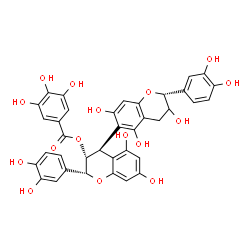 ChemSpider 2D Image | (2R,2'R,3R,4S)-2,2'-Bis(3,4-dihydroxyphenyl)-3',5,5',7,7'-pentahydroxy-3,3',4,4'-tetrahydro-2H,2'H-4,6'-bichromen-3-yl 3,4,5-trihydroxybenzoate | C37H30O16