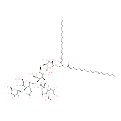 ChemSpider 2D Image | (2S,3R,4E)-3-Hydroxy-2-{(Z)-[(11E)-1-hydroxy-11-octadecen-1-ylidene]amino}-4-octadecen-1-yl 3,5-dideoxy-5-[(Z)-(1-hydroxyethylidene)amino]-6-[(1R,2R)-1,2,3-trihydroxypropyl]-beta-L-threo-hex-2-ulopyra
nonosyl-(2->3)-[beta-D-galactopyranosyl-(1->3)-2-deoxy-2-(2-oxopropyl)-beta-D-galactopyranosyl-(1->4)]-beta-D-galactopyranosyl-(1->4)-beta-D-glucopyranoside | C74H130N2O31