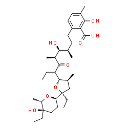 ChemSpider 2D Image | 6-[(3R,4S,5S,7S)-7-{(2S,3S,5S)-5-Ethyl-5-[(2R,5R,6S)-5-ethyl-5-hydroxy-6-methyltetrahydro-2H-pyran-2-yl]-3-methyltetrahydro-2-furanyl}-4-hydroxy-3,5-dimethyl-6-oxononyl]-2-hydroxy-3-methylbenzoic acid | C34H54O8