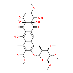 ChemSpider 2D Image | Methyl (6aR,10aR)-6a,7,12-trihydroxy-8,10a-dimethoxy-1-methyl-6,10,11-trioxo-3-{[(2S,3S,4R,5S,6S)-4,5,6-trimethoxy-3-methyltetrahydro-2H-pyran-2-yl]oxy}-6,6a,7,10,10a,11-hexahydro-2-tetracenecarboxyla
te (non-preferred name) | C32H36O15