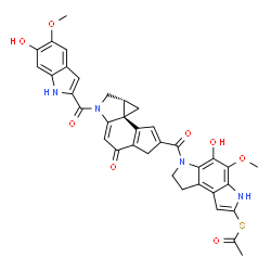 ChemSpider 2D Image | S-[5-Hydroxy-6-({(1aR,8bS)-3-[(6-hydroxy-5-methoxy-1H-indol-2-yl)carbonyl]-5-oxo-1,1a,2,3,5,6-hexahydrocyclopenta[e]cyclopropa[c]indol-7-yl}carbonyl)-4-methoxy-3,6,7,8-tetrahydropyrrolo[3,2-e]indol-2-
yl] ethanethioate | C36H30N4O8S