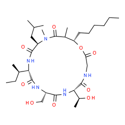 ChemSpider 2D Image | (6S,9S,12S,15R,19S)-12-[(2R)-2-Butanyl]-19-hexyl-6-[(1S)-1-hydroxyethyl]-9-(hydroxymethyl)-15-isobutyl-16,18-dimethyl-1-oxa-4,7,10,13,16-pentaazacyclononadecane-2,5,8,11,14,17-hexone | C32H57N5O9