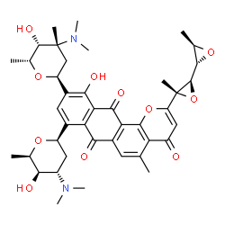 ChemSpider 2D Image | 10-[(2S,4R,5R,6R)-4-(Dimethylamino)-5-hydroxy-4,6-dimethyltetrahydro-2H-pyran-2-yl]-8-[(2R,4S,5R,6R)-4-(dimethylamino)-5-hydroxy-6-methyltetrahydro-2H-pyran-2-yl]-2-[(2R,2'S,3S,3'R)-3,3'-dimethyl-2,2'
-bioxir-3-yl]-11-hydroxy-5-methyl-4H-naphtho[2,3-h]chromene-4,7,12-trione (non-preferred name) | C41H50N2O11