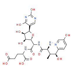 ChemSpider 2D Image | (2S)-2-({(2S)-2-{[(2S,3S,4S)-2-Amino-4-hydroxy-4-(5-hydroxy-2-pyridinyl)-3-methylbutanoyl]amino}-2-[(2R,3S,4R,5R)-5-(2,4-dihydroxy-5-pyrimidinyl)-3,4-dihydroxytetrahydro-2-furanyl]acetyl}amino)pentane
dioic acid (non-preferred name) | C25H32N6O13