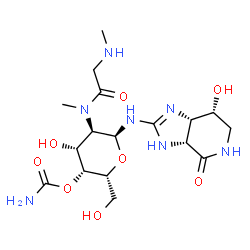 ChemSpider 2D Image | 4-O-Carbamoyl-2-deoxy-N-[(3aR,7R,7aS)-7-hydroxy-4-oxo-3a,4,5,6,7,7a-hexahydro-1H-imidazo[4,5-c]pyridin-2-yl]-2-[methyl(N-methylglycyl)amino]-alpha-D-galactopyranosylamine | C17H29N7O8