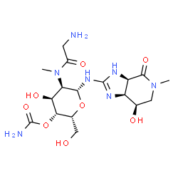 ChemSpider 2D Image | 4-O-Carbamoyl-2-deoxy-2-[glycyl(methyl)amino]-N-[(3aR,7R,7aS)-7-hydroxy-5-methyl-4-oxo-3a,4,5,6,7,7a-hexahydro-1H-imidazo[4,5-c]pyridin-2-yl]-beta-D-gulopyranosylamine | C17H29N7O8