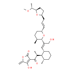 ChemSpider 2D Image | 4-Hydroxy-3-[(2R)-2-{(1R,2R,6S)-2-[(1E)-3-hydroxy-2-{(2S,3S,6R)-6-[(1E)-3-{(2S,5R)-5-[(1R)-1-methoxyethyl]tetrahydro-2-furanyl}-1-propen-1-yl]-3-methyltetrahydro-2H-pyran-2-yl}-1-propen-1-yl]-6-methyl
cyclohexyl}propanoyl]-5-methylene-2(5H)-furanone | C34H50O8