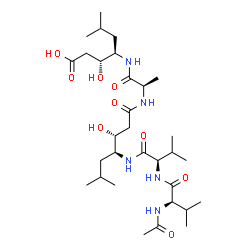 ChemSpider 2D Image | N-Acetyl-D-valyl-N-[(3R,4S)-1-{[(2R)-1-{[(2R,3R)-1-carboxy-2-hydroxy-5-methyl-3-hexanyl]amino}-1-oxo-2-propanyl]amino}-3-hydroxy-6-methyl-1-oxo-4-heptanyl]-D-valinamide | C31H57N5O9