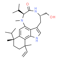 ChemSpider 2D Image | (4S,7S,10R)-4-(Hydroxymethyl)-7,10-diisopropyl-8,10,13-trimethyl-13-vinyl-1,3,4,5,7,8,10,11,12,13-decahydro-6H-benzo[g][1,4]diazonino[7,6,5-cd]indol-6-one | C28H41N3O2