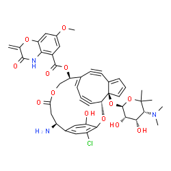 ChemSpider 2D Image | (1R,7S,12S,20R)-7-Amino-4-chloro-20-{[4,6-dideoxy-4-(dimethylamino)-5-methyl-beta-L-allopyranosyl]oxy}-25-hydroxy-9-oxo-2,10-dioxatetracyclo[11.7.3.2~3,6~.0~16,20~]pentacosa-3,5,13(23),16,18,24-hexaen
e-14,21-diyn-12-yl 7-methoxy-2-methylene-3-oxo-3,4-dihydro-2H-1,4-benzoxazine-5-carboxylate | C43H42ClN3O13