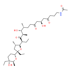 ChemSpider 2D Image | N-[(6S,11R,12R,13R,15S)-15-{(2S,3S,5S)-5-Ethyl-5-[(2R,5R,6S)-5-ethyl-5-hydroxy-6-methyltetrahydro-2H-pyran-2-yl]-3-methyltetrahydro-2-furanyl}-6,12-dihydroxy-11,13-dimethyl-4,8,14-trioxoheptadecyl]ace
tamide | C36H63NO9