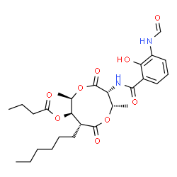 ChemSpider 2D Image | (2S,3R,6R,7R,8R)-3-[(3-Formamido-2-hydroxybenzoyl)amino]-8-hexyl-2,6-dimethyl-4,9-dioxo-1,5-dioxonan-7-yl butyrate (non-preferred name) | C27H38N2O9