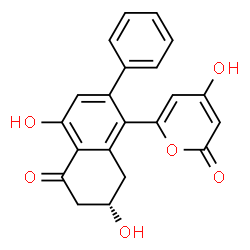 ChemSpider 2D Image | 6-[(7S)-4,7-Dihydroxy-5-oxo-2-phenyl-5,6,7,8-tetrahydro-1-naphthalenyl]-4-hydroxy-2H-pyran-2-one | C21H16O6