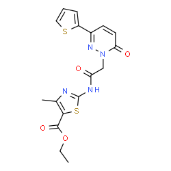 ChemSpider 2D Image | Ethyl 4-methyl-2-({[6-oxo-3-(2-thienyl)-1(6H)-pyridazinyl]acetyl}amino)-1,3-thiazole-5-carboxylate | C17H16N4O4S2