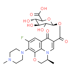 ChemSpider 2D Image | 1-O-{[(3S)-9-Fluoro-3-methyl-10-(4-methyl-1-piperazinyl)-7-oxo-2,3-dihydro-7H-[1,4]oxazino[2,3,4-ij]quinolin-6-yl]carbonyl}-beta-D-threo-hexopyranuronic acid | C24H28FN3O10