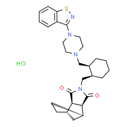 ChemSpider 2D Image | (1R,2S,6R,7S)-4-{[(1R,2S)-2-{[4-(1,2-Benzothiazol-3-yl)-1-piperazinyl]methyl}cyclohexyl]methyl}-4-azatricyclo[5.2.1.0~2,6~]decane-3,5-dione hydrochloride (1:1) | C28H37ClN4O2S
