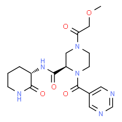 ChemSpider 2D Image | (2R)-4-(Methoxyacetyl)-N-[(3S)-2-oxo-3-piperidinyl]-1-(5-pyrimidinylcarbonyl)-2-piperazinecarboxamide | C18H24N6O5