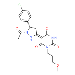 ChemSpider 2D Image | (5Z)-5-[(5S)-1-Acetyl-5-(4-chlorophenyl)-3-pyrazolidinylidene]-1-(3-methoxypropyl)-2,4,6(1H,3H,5H)-pyrimidinetrione | C19H21ClN4O5