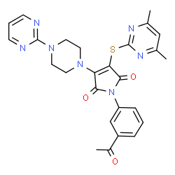 ChemSpider 2D Image | 1-(3-Acetylphenyl)-3-[(4,6-dimethyl-2-pyrimidinyl)sulfanyl]-4-[4-(2-pyrimidinyl)-1-piperazinyl]-1H-pyrrole-2,5-dione | C26H25N7O3S