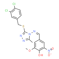 ChemSpider 2D Image | 4-[(Z)-({3-[(3,4-Dichlorobenzyl)sulfanyl]-5-methyl-4H-1,2,4-triazol-4-yl}imino)methyl]-2-methoxy-6-nitrophenol | C18H15Cl2N5O4S