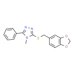 ChemSpider 2D Image | 3-[(1,3-Benzodioxol-5-ylmethyl)sulfanyl]-4-methyl-5-phenyl-4H-1,2,4-triazole | C17H15N3O2S