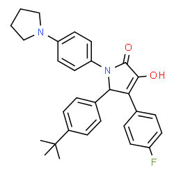 ChemSpider 2D Image | 4-(4-Fluorophenyl)-3-hydroxy-5-[4-(2-methyl-2-propanyl)phenyl]-1-[4-(1-pyrrolidinyl)phenyl]-1,5-dihydro-2H-pyrrol-2-one | C30H31FN2O2