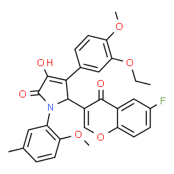 ChemSpider 2D Image | 4-(3-Ethoxy-4-methoxyphenyl)-5-(6-fluoro-4-oxo-4H-chromen-3-yl)-3-hydroxy-1-(2-methoxy-5-methylphenyl)-1,5-dihydro-2H-pyrrol-2-one | C30H26FNO7