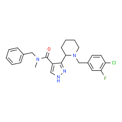 ChemSpider 2D Image | N-Benzyl-3-[1-(4-chloro-3-fluorobenzyl)-2-piperidinyl]-N-methyl-1H-pyrazole-4-carboxamide | C24H26ClFN4O