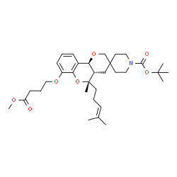 ChemSpider 2D Image | 2-Methyl-2-propanyl (4a'S,5'S,10b'S)-7'-(4-methoxy-4-oxobutoxy)-5'-methyl-5'-(4-methyl-3-penten-1-yl)-4a',10b'-dihydro-1H,4'H,5'H-spiro[piperidine-4,3'-pyrano[3,2-c]chromene]-1-carboxylate | C33H49NO7