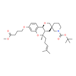 ChemSpider 2D Image | 2-Methyl-2-propanyl (3S,4a'S,5'R,10b'S)-8'-(4-methoxy-4-oxobutoxy)-5'-methyl-5'-(4-methyl-3-penten-1-yl)-4a',10b'-dihydro-1H,4'H,5'H-spiro[piperidine-3,3'-pyrano[3,2-c]chromene]-1-carboxylate | C33H49NO7