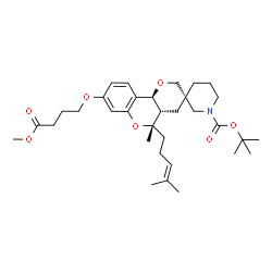 ChemSpider 2D Image | 2-Methyl-2-propanyl (3S,4a'S,5'S,10b'S)-8'-(4-methoxy-4-oxobutoxy)-5'-methyl-5'-(4-methyl-3-penten-1-yl)-4a',10b'-dihydro-1H,4'H,5'H-spiro[piperidine-3,3'-pyrano[3,2-c]chromene]-1-carboxylate | C33H49NO7