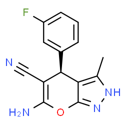 ChemSpider 2D Image | (4R)-6-Amino-4-(3-fluorophenyl)-3-methyl-2,4-dihydropyrano[2,3-c]pyrazole-5-carbonitrile | C14H11FN4O