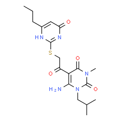 ChemSpider 2D Image | 6-Amino-1-isobutyl-3-methyl-5-{[(4-oxo-6-propyl-1,4-dihydro-2-pyrimidinyl)sulfanyl]acetyl}-2,4(1H,3H)-pyrimidinedione | C18H25N5O4S