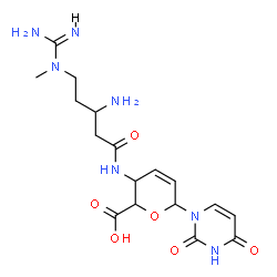 ChemSpider 2D Image | 1-(4-{[3-Amino-5-(N-methylcarbamimidamido)pentanoyl]amino}-2,3,4-trideoxyhex-2-enopyranuronosyl)-2,4(1H,3H)-pyrimidinedione | C17H25N7O6
