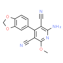 ChemSpider 2D Image | 2-amino-4-(1,3-benzodioxol-5-yl)-6-methoxy-3,5-pyridinedicarbonitrile | C15H10N4O3