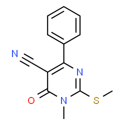ChemSpider 2D Image | 1-Methyl-2-methylsulfanyl-6-oxo-4-phenyl-1,6-dihydro-pyrimidine-5-carbonitrile | C13H11N3OS