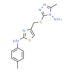 ChemSpider 2D Image | 3-Methyl-5-[({2-[(4-methylphenyl)amino]-1,3-thiazol-4-yl}methyl)sulfanyl]-4H-1,2,4-triazol-4-amine | C14H16N6S2
