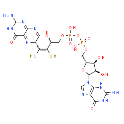ChemSpider 2D Image | 5'-O-[(S)-{[(R)-({(2R,3Z)-4-[(2S,6R)-2-Amino-4-oxo-2,3,4,6-tetrahydro-6-pteridinyl]-2-hydroxy-3,4-disulfanyl-3-buten-1-yl}oxy)(hydroxy)phosphoryl]oxy}(hydroxy)phosphoryl]guanosine | C20H26N10O13P2S2