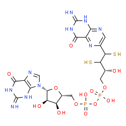 ChemSpider 2D Image | 5'-O-[Hydroxy({hydroxy[(2R)-2-hydroxy-4-(2-imino-4-oxo-1,2,3,4-tetrahydro-6-pteridinyl)-3,4-disulfanylbutoxy]phosphoryl}oxy)phosphoryl]-2,3-dihydroguanosine | C20H26N10O13P2S2