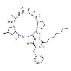 ChemSpider 2D Image | Nalpha-Octanoyl-N-[(2R,6S,9S,11aS,17S,20aS)-2,6,9,10-tetramethyl-5,8,11,16,20-pentaoxohexadecahydro-1H,5H,16H-dipyrrolo[2,1-c:2',1'-l][1,4,7,10,13]oxatetraazacyclohexadecin-17-yl]-L-phenylalaninamide | C38H56N6O8