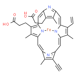 ChemSpider 2D Image | [3,3'-(8-Ethynyl-3,7,12,17-tetramethyl-13-vinyl-2,18-porphyrindiyl-kappa~2~N~21~,N~23~)dipropanoato(2-)]iron | C34H30FeN4O4