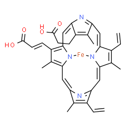 ChemSpider 2D Image | [(2E)-3-[18-(2-Carboxyethyl)-3,7,12,17-tetramethyl-8,13-divinyl-2-porphyrinyl-kappa~2~N~21~,N~23~]acrylato(2-)]iron | C34H30FeN4O4