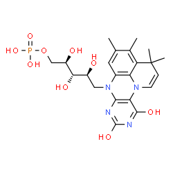 ChemSpider 2D Image | 1-Deoxy-1-(9,11-dihydroxy-3,3,4,5-tetramethyl-3H,7H-quinolino[1,8-fg]pteridin-7-yl)-5-O-phosphono-D-ribitol | C22H29N4O9P
