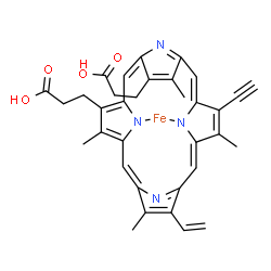 ChemSpider 2D Image | [3,3'-(7-Ethynyl-3,8,13,17-tetramethyl-12-vinyl-2,18-porphyrindiyl-kappa~2~N~22~,N~24~)dipropanoato(2-)]iron | C34H30FeN4O4