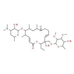 ChemSpider 2D Image | [(2R,3S,4E,9R,11S,12S,13S,14E)-2-Ethyl-3-hydroxy-9,11,13-trimethyl-8,16-dioxo-12-{[3,4,6-trideoxy-3-(dimethylamino)-beta-D-xylo-hexopyranosyl]oxy}oxacyclohexadeca-4,14-dien-3-yl]methyl 6-deoxy-2,3-di-
O-methyl-beta-D-allopyranoside | C37H63NO12