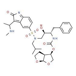 ChemSpider 2D Image | (3R,3aS,6aR)-Hexahydrofuro[2,3-b]furan-3-yl {(2S,3R)-3-hydroxy-4-[isobutyl({3-[1-(methylamino)ethyl]-2-oxo-2H-indol-5-yl}sulfonyl)amino]-1-phenyl-2-butanyl}carbamate | C32H42N4O8S