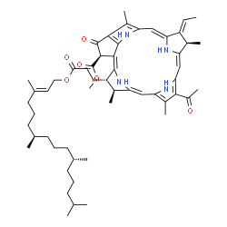 ChemSpider 2D Image | Methyl (3S,4S,13R,14E,21R)-9-acetyl-14-ethylidene-4,8,13,18-tetramethyl-20-oxo-3-(3-oxo-3-{[(2E,7R,11R)-3,7,11,15-tetramethyl-2-hexadecen-1-yl]oxy}propyl)-13,14,24,26-tetrahydro-21-phorbinecarboxylate | C55H76N4O6