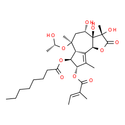 ChemSpider 2D Image | (3S,3aR,4S,6S,6aR,7S,8S,9bS)-3,3a,4-Trihydroxy-6-[(1R)-1-hydroxyethoxy]-3,6,9-trimethyl-8-{[(2E)-2-methyl-2-butenoyl]oxy}-2-oxo-2,3,3a,4,5,6,6a,7,8,9b-decahydroazuleno[4,5-b]furan-7-yl octanoate | C30H46O11